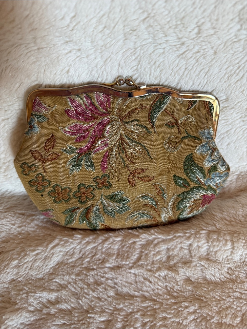 Neiman Marcus Gold Floral Brocade Clasp Clutch with Pink and Green Accents